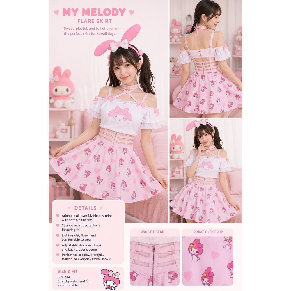 Sanrio My Melody Women's Strappy Elastic Suspender A-Line Skirt Pink SM ANIME